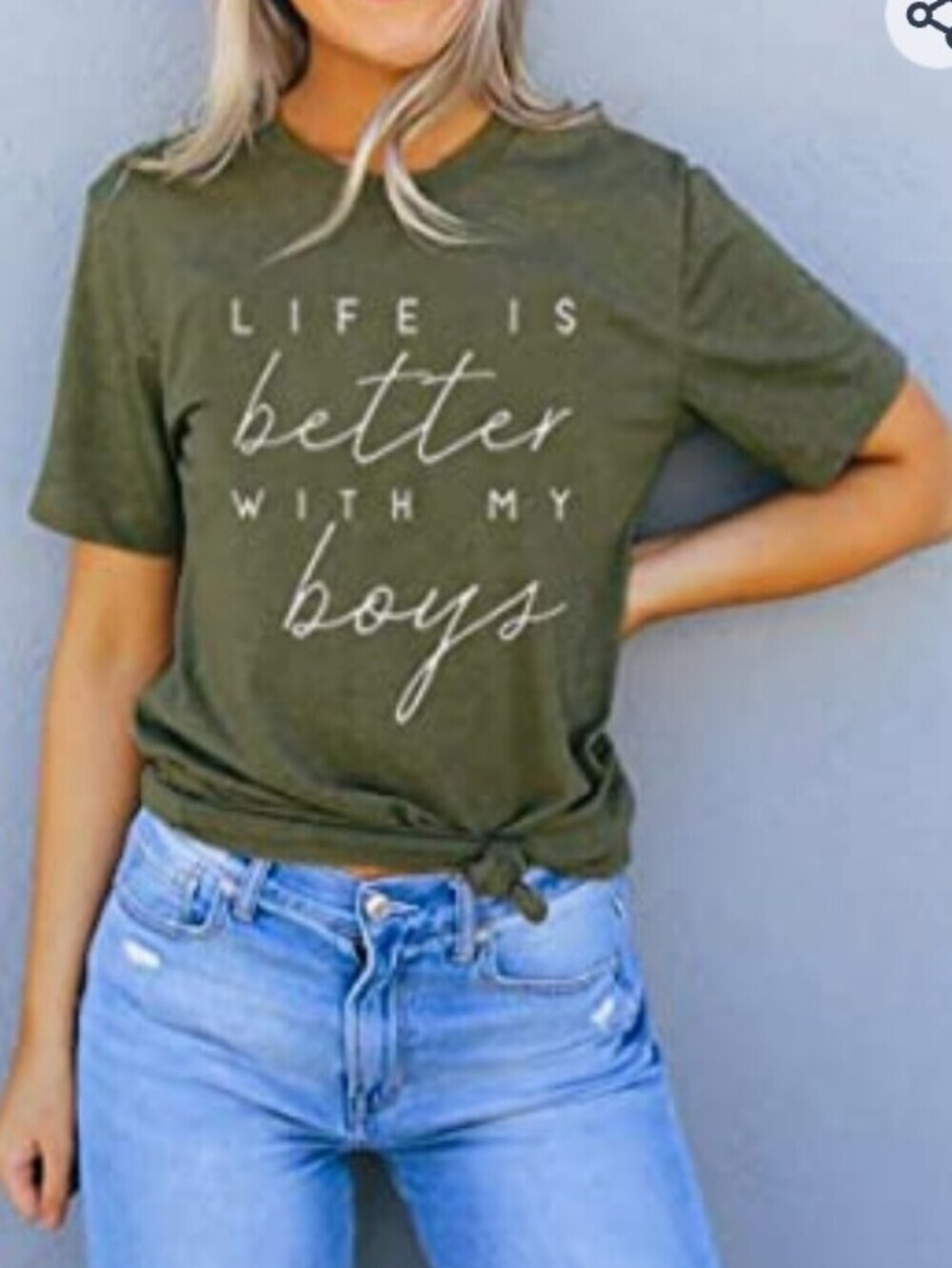 Life Is Better With My Boys Graphic Tee Crew Neck Short Sleeve Olive Green XL